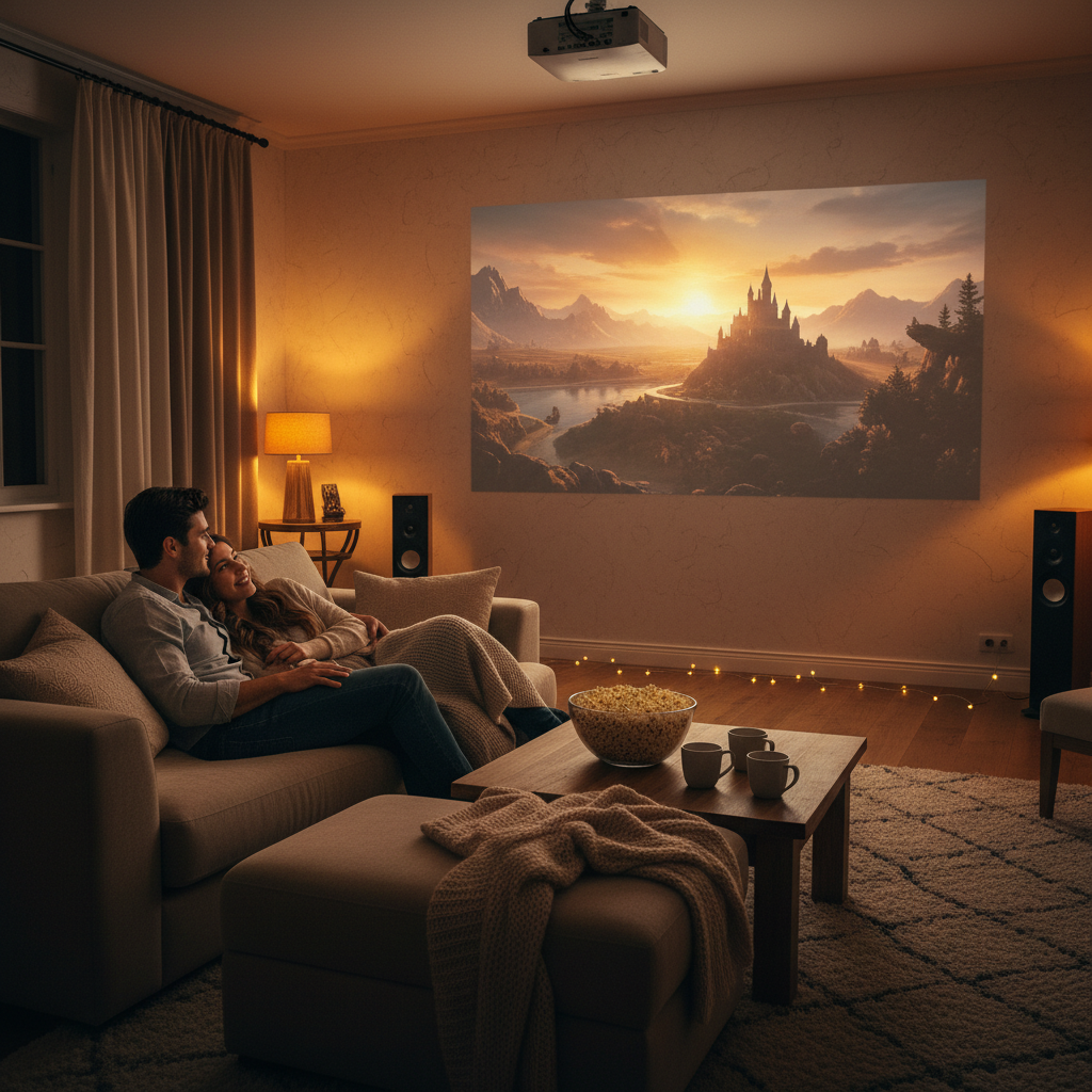 Couple watching movie projected on living room wall