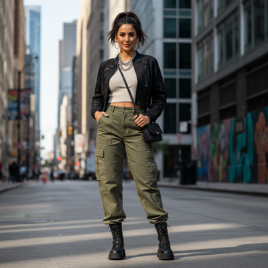 Fashionable woman wearing high waist cargo pants in urban street setting