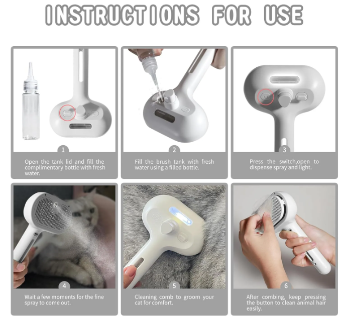Pet Hair Spray Brush – Self-Cleaning Grooming Brush with Water Sprayer