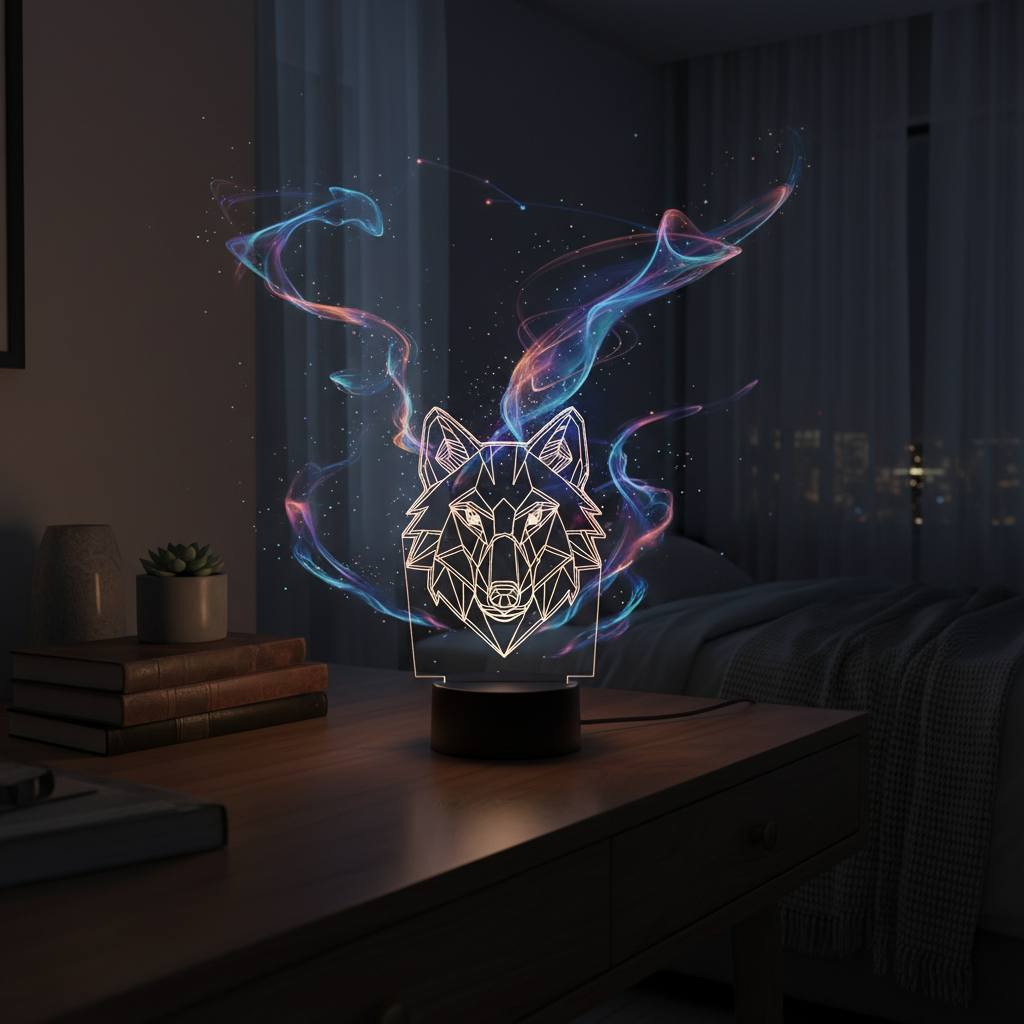 Glowing 3D optical illusion LED night light creating magical atmosphere in bedroom