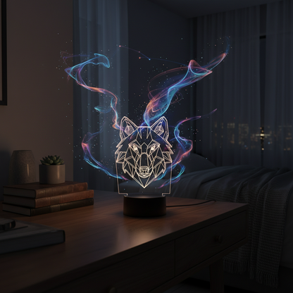 Glowing 3D optical illusion LED night light creating magical atmosphere in bedroom