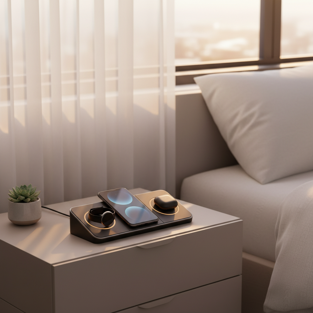 3-in-1 wireless charger on minimalist nightstand charging phone and smartwatch