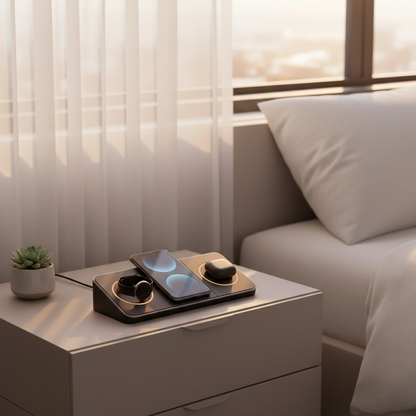 3-in-1 wireless charger on minimalist nightstand charging phone and smartwatch