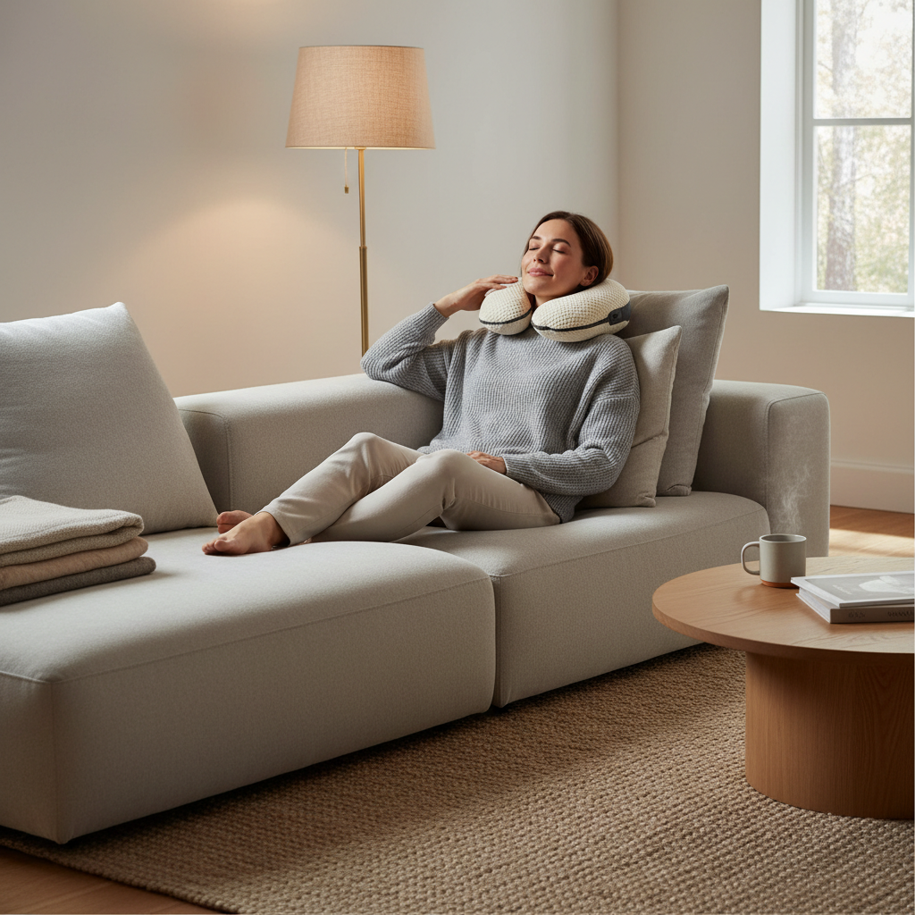 Woman relaxing on couch using neck and shoulder massage pillow