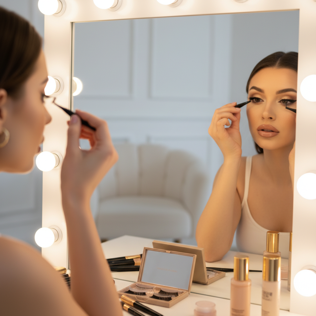 Woman applying magnetic eyelashes in front of vanity mirror with glamorous makeup