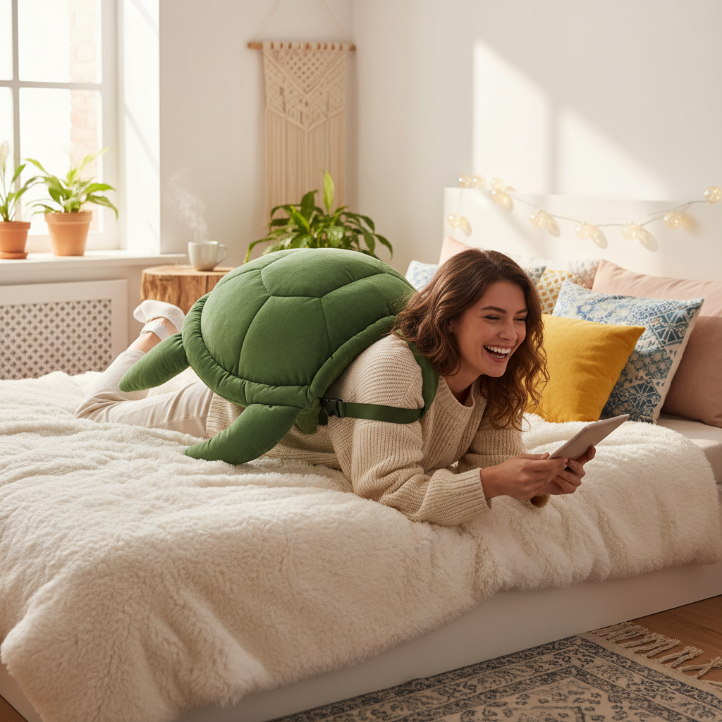 Young woman laughing and wearing turtle shell pillow in cozy bedroom setting
