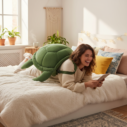 Young woman laughing and wearing turtle shell pillow in cozy bedroom setting