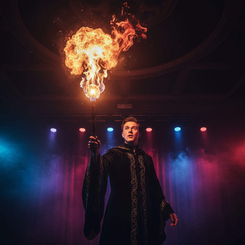 Person shooting fireball effect with magic wand in dramatic performance setting