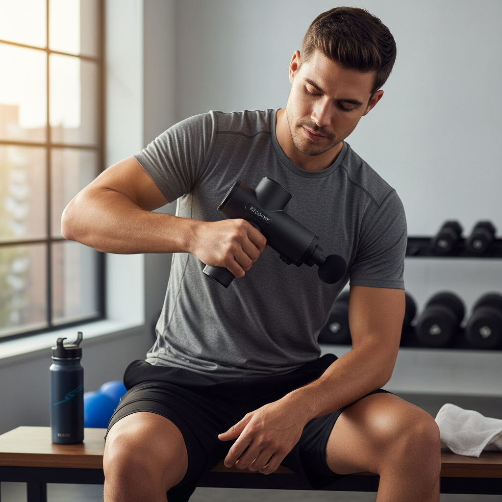Person using massage gun on shoulder after workout