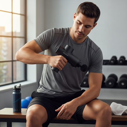 Person using massage gun on shoulder after workout