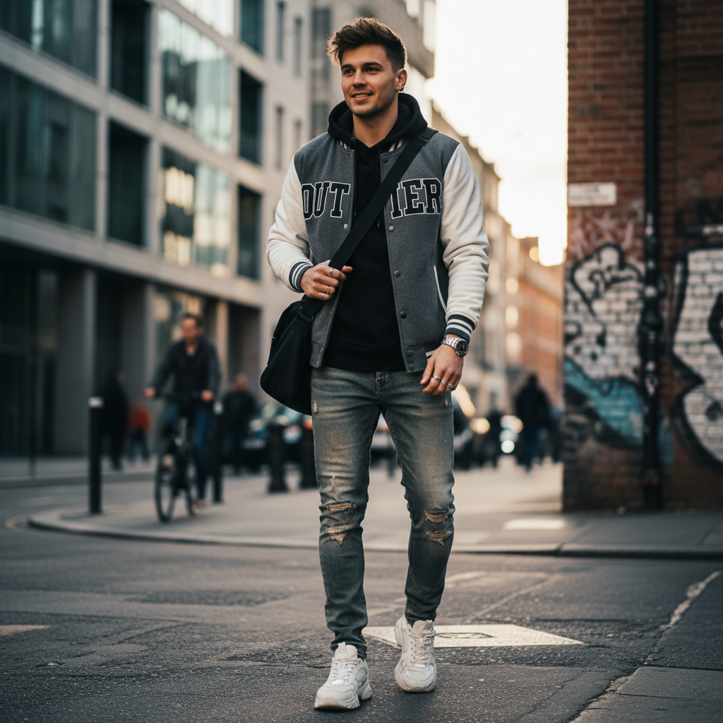 Stylish young man wearing hooded baseball jacket in urban setting