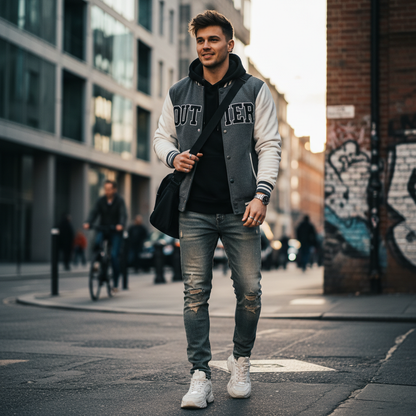 Stylish young man wearing hooded baseball jacket in urban setting
