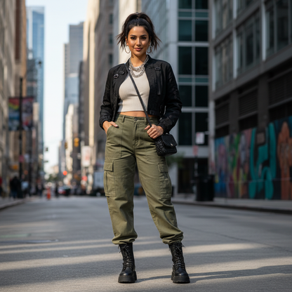 Fashionable woman wearing high waist cargo pants in urban street setting